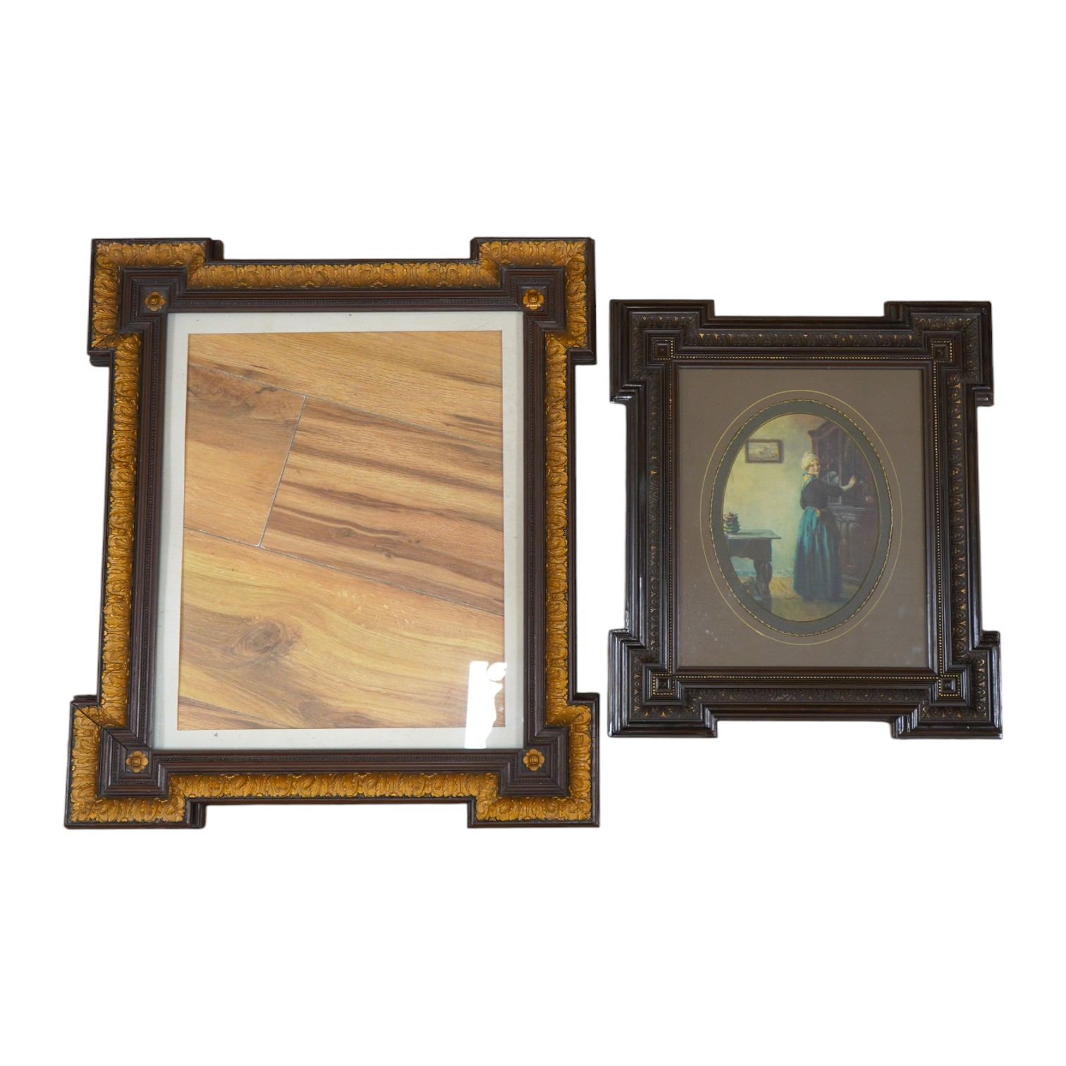 Two decorative partially gilt French picture frames, one housing a colour print, largest overall 58 x 49cm. Condition - good